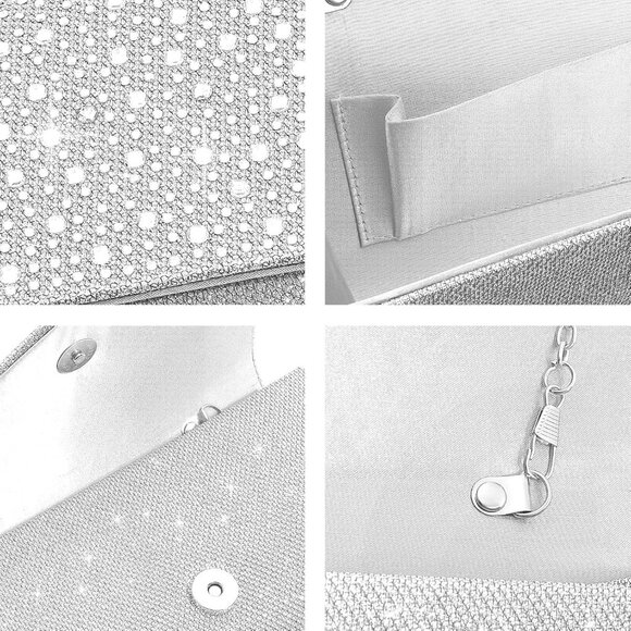 Women Silver Imported Magnetic Purse Rhinestone Envelope Party Handbag - Picture 4 of 7